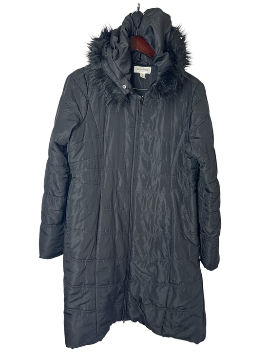 Motherhood Maternity Jackets & Blazers - Motherhood Maternity Black Long Hooded Puffer Coat with Faux-Fur Trim